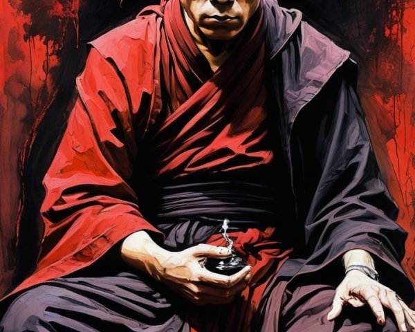 Monk in Meditative Pose with Symbolic Background