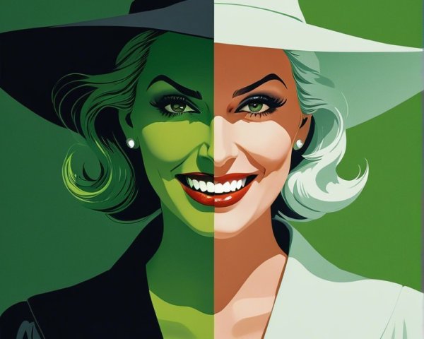 Witch-Themed Split Design Portrait with Bold Colors