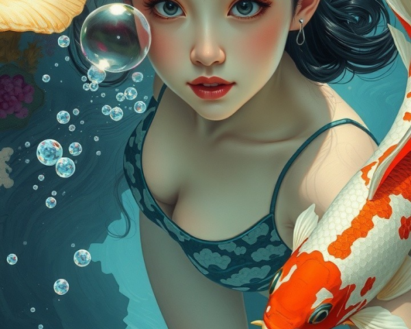 Underwater Scene with Woman and Koi Fish