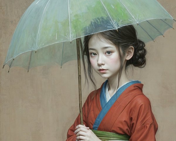 Young girl in kimono with umbrella in serene setting