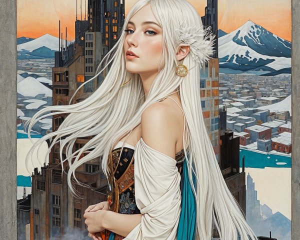 Young woman with white hair in futuristic setting