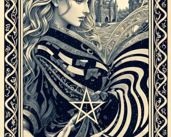 Mystical Woman in Cosmic Landscape with Castle