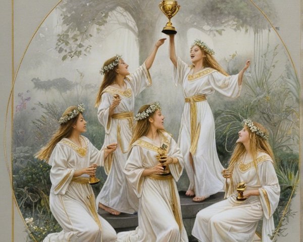 Ethereal Figures in White Garments in Misty Setting