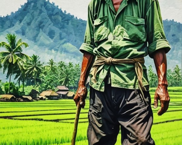 Farmer in Lush Rice Field with Rolling Hills Background