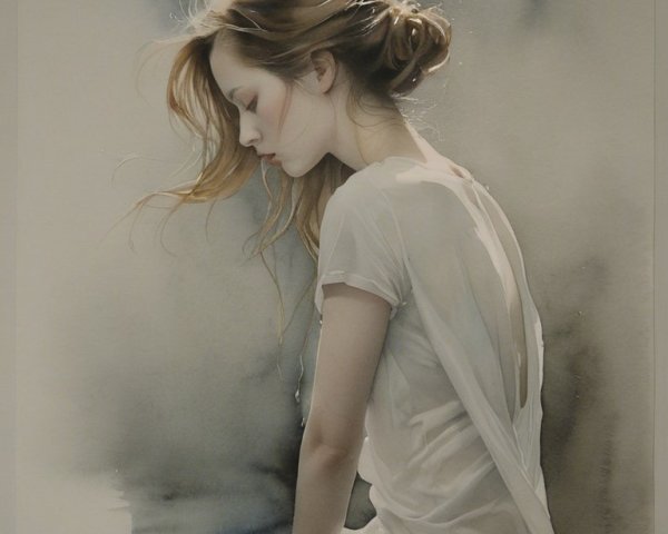 Serene Artwork of Contemplative Young Woman in Watercolor