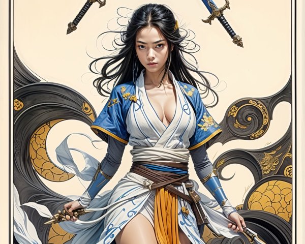 Fierce Female Warrior in Ornate Eastern-Inspired Outfit