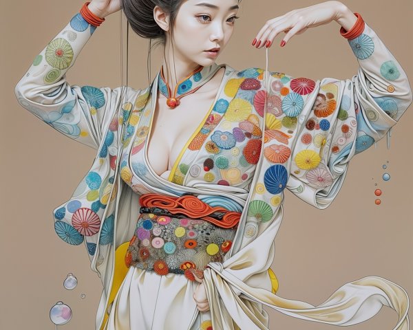 Graceful Woman in Colorful Floral Kimono and Jewelry