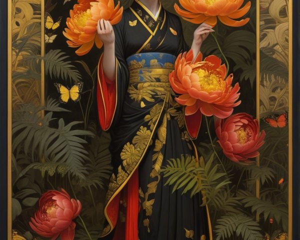 Traditional Black Kimono with Floral Motifs and Butterflies