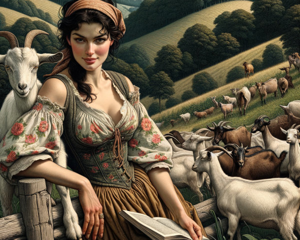 Pastoral Scene with Woman, Goat, and Rolling Hills