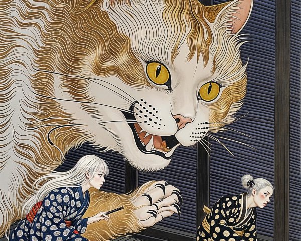 Figures in Traditional Attire with Anthropomorphic Cat