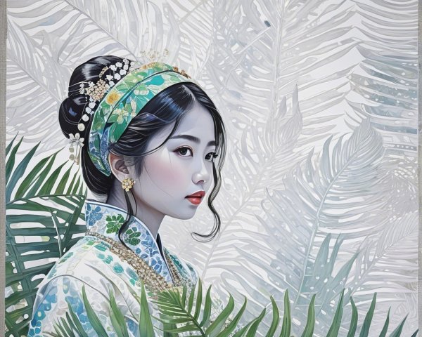 Young Woman in Traditional Outfit Surrounded by Ferns