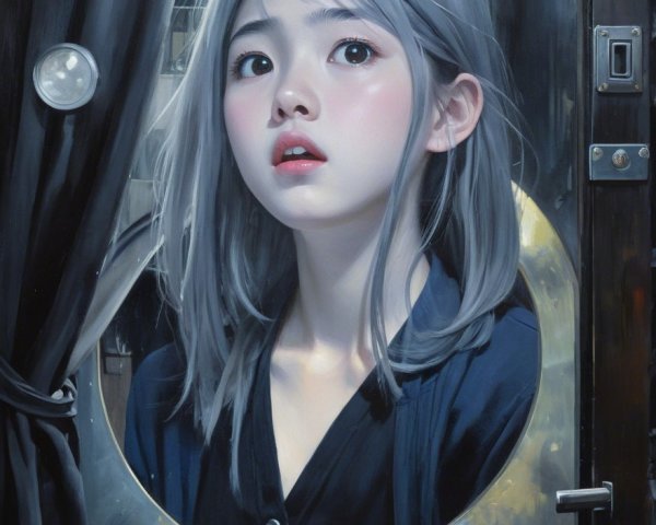 Young girl with silver hair peeking through a mirror