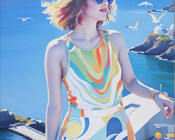 Young Woman by Vibrant Blue Sea in Colorful Outfit
