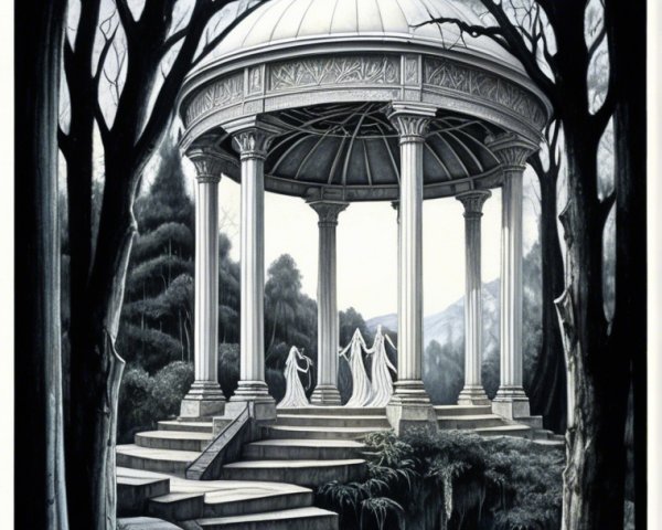 Black-and-white illustration of a gazebo with figures