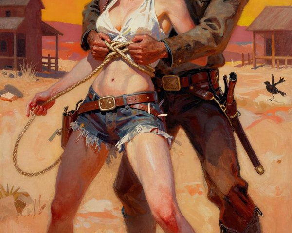 Cowboy and Woman in Desert Scene with Sunset Background