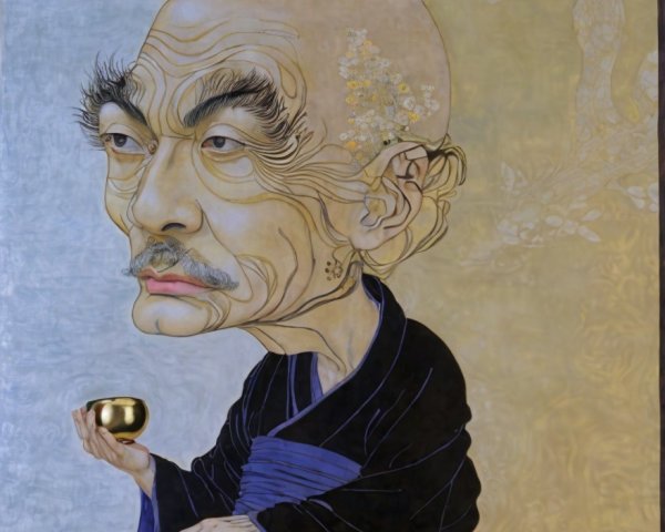Portrait of a Bald Man in Dark Robe with Floral Background