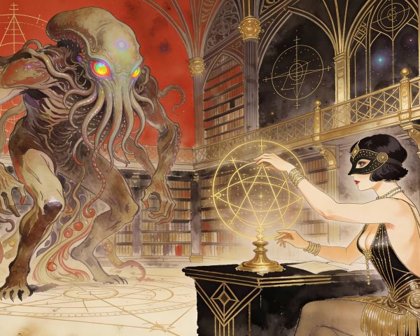 Flapper Dress and Cthulhu Monster in Library Scene
