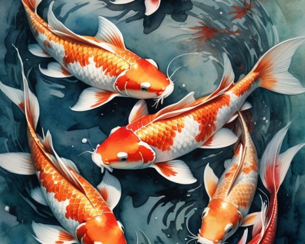 Vibrant Watercolor of Koi Fish in Serene Pond