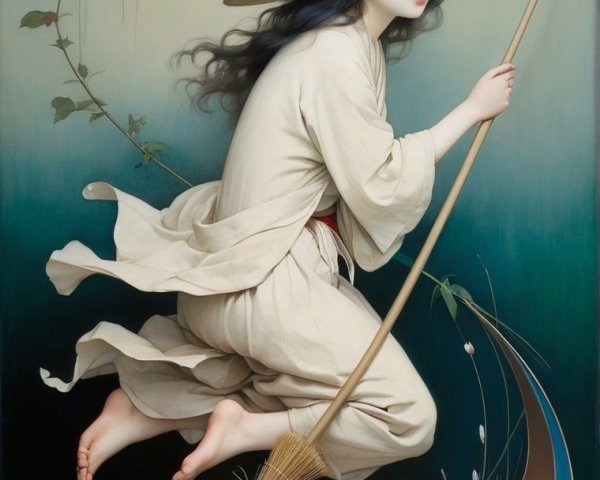 Young girl riding broom in whimsical, magical setting