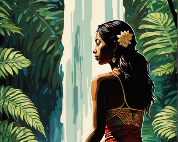 Woman by a waterfall in a lush tropical setting