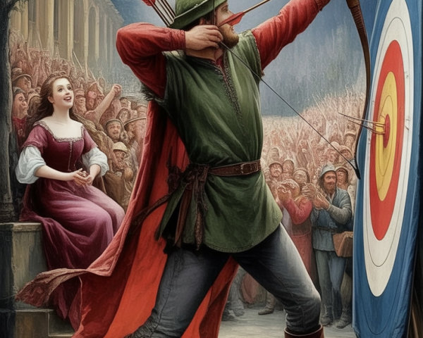 Medieval Archer Aiming at Colorful Target with Crowd
