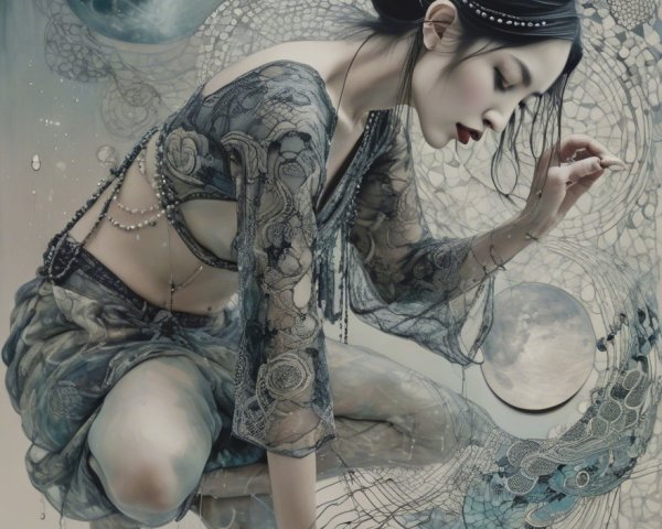 Serene Figure by Tranquil Waters with Celestial Elements
