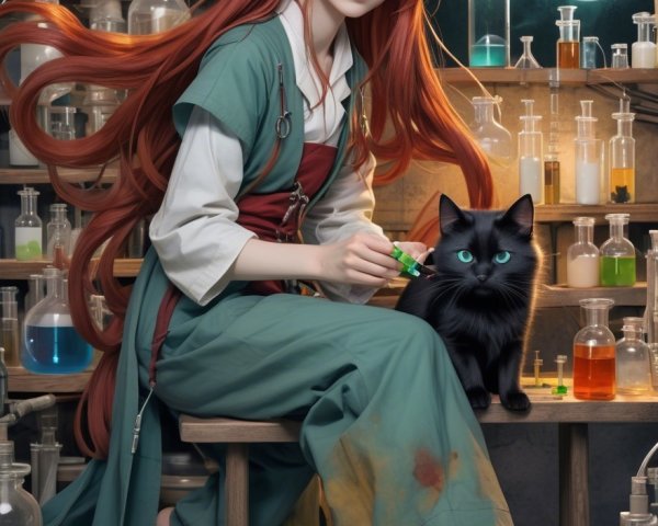 Young woman in green dress mixes potions in lab