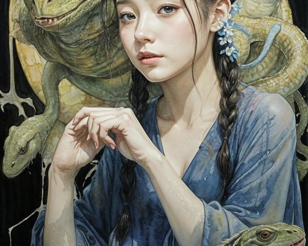 Youthful girl in blue with lizards and iguanas