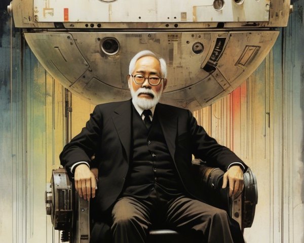 Elderly Man in Futuristic Chair with Spacecraft Background
