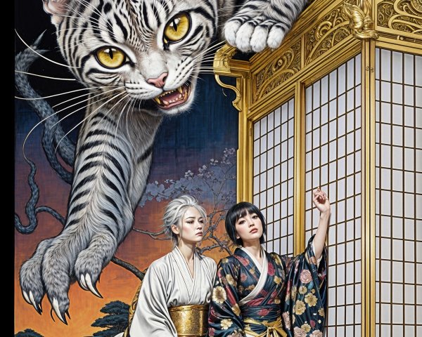 Elegant Figures in Traditional Attire with Fierce Cat