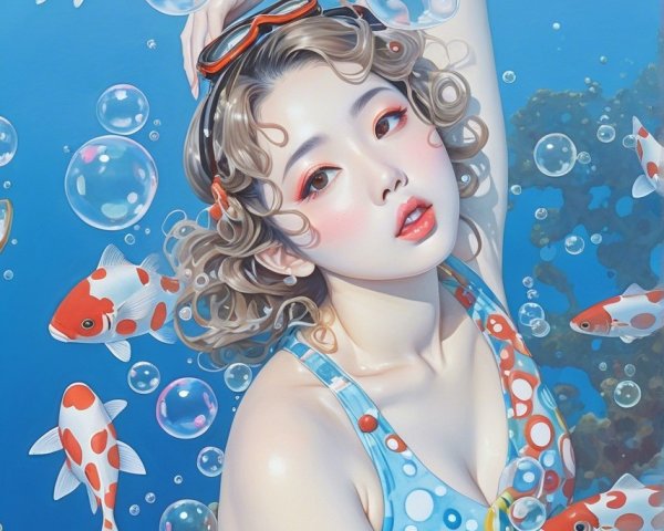 Underwater Scene of a Woman with Koi Fish