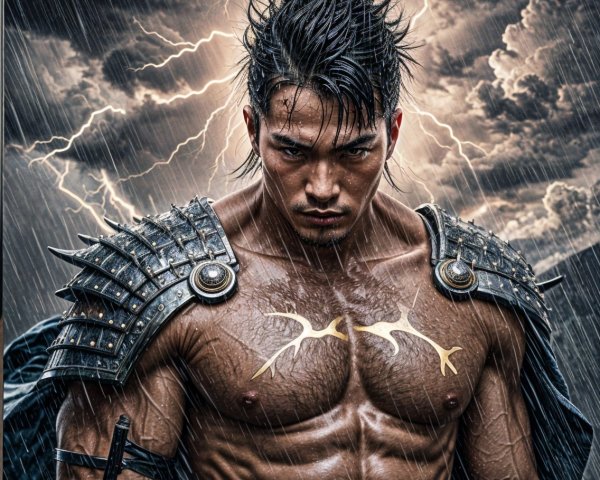 Muscular Warrior in Stormy Setting with Lightning