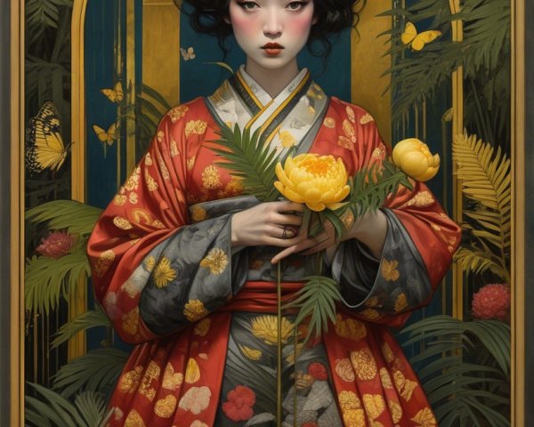 Portrait of a woman in a patterned kimono with flowers