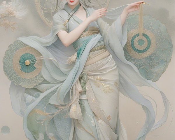 Ethereal Figure in Elegant Gown with Pastel Fans