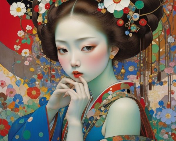 Young Woman in Traditional Japanese Attire with Flowers