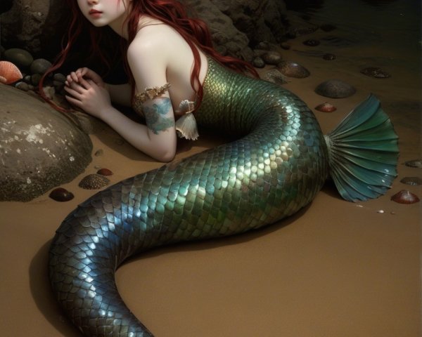 Mermaid on Beach with Red Hair and Shimmering Tail