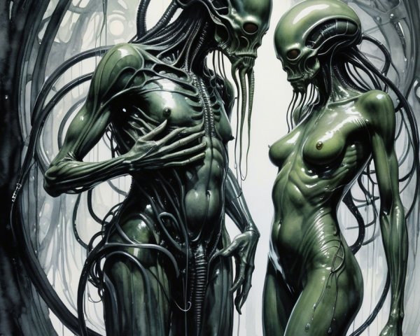 Humanoid Figures with Green Bodies in Surreal Setting