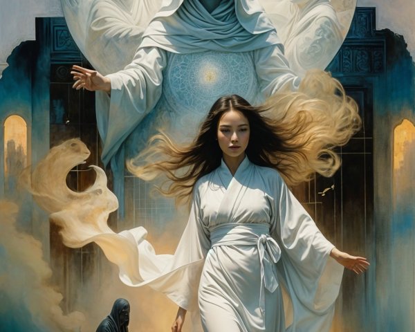 Serene Woman in White Amidst Ethereal Beings and Moonlight