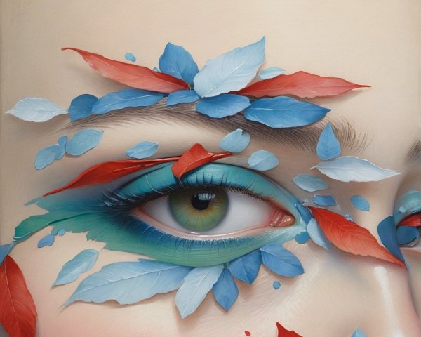 Close-Up of Woman's Face with Teal Eyeshadow and Leaves