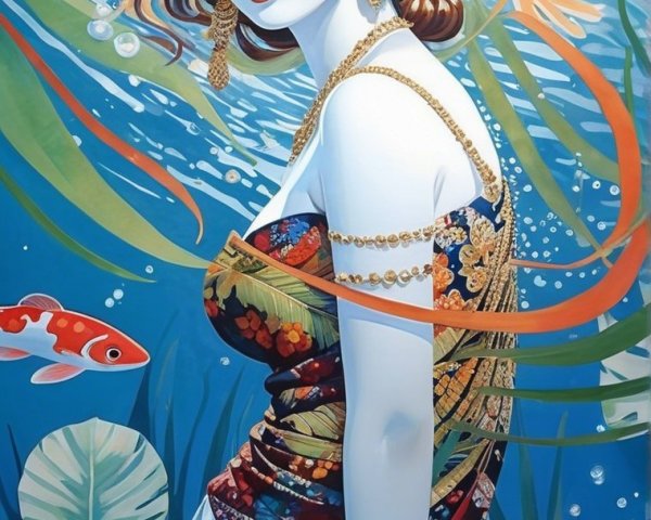 Underwater Scene with Woman and Colorful Marine Life