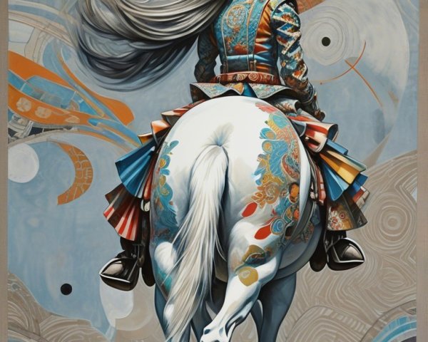 Young Woman on White Horse in Vibrant Artwork