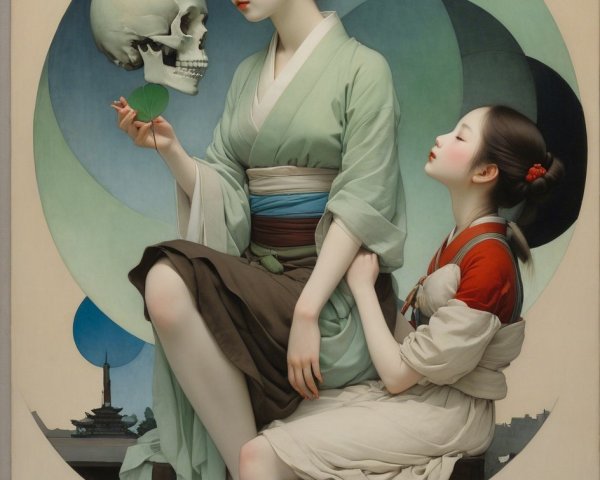 Detailed Illustration of Two East Asian Women with Skull