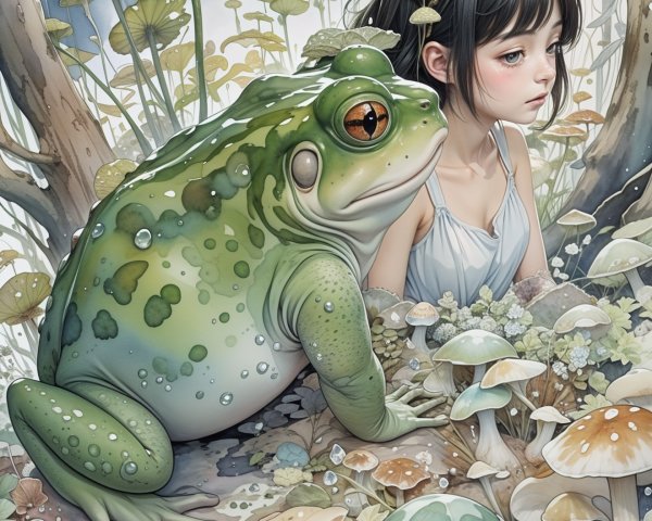Mystical Forest Scene with Girl and Green Frog