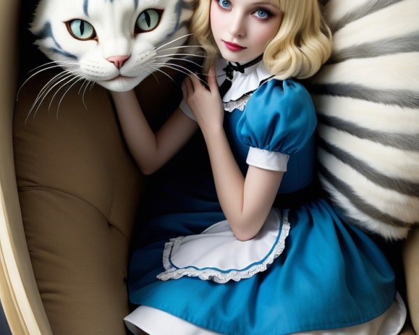 Whimsical Fairy Tale Scene with Girl and Cat Head