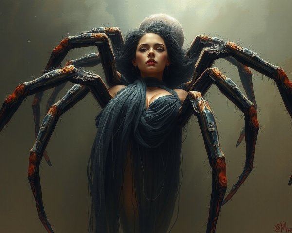 Human-Spider Hybrid with Mechanical Legs in Dark Setting