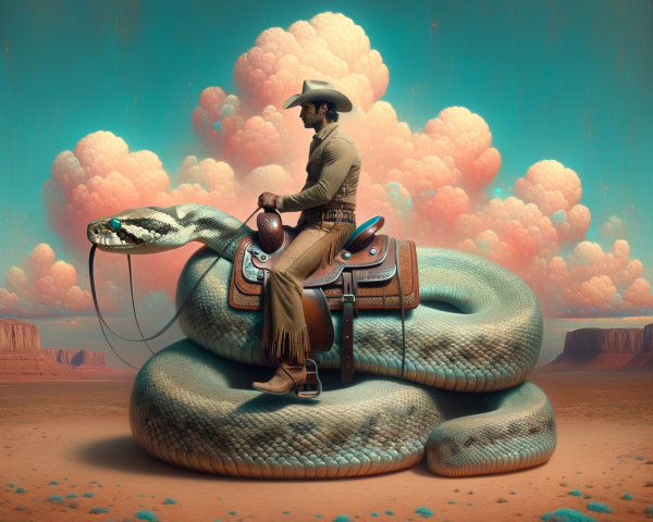 Cowboy on Colorful Snake in Surreal Desert Landscape