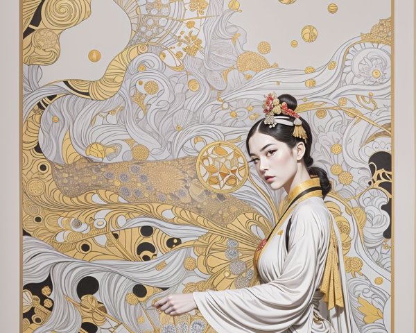 Traditional Female Figure in Ethereal Floral Artwork