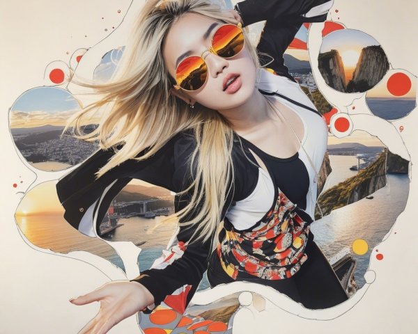 Fashionable Woman in Dynamic Pose with Artistic Backdrop