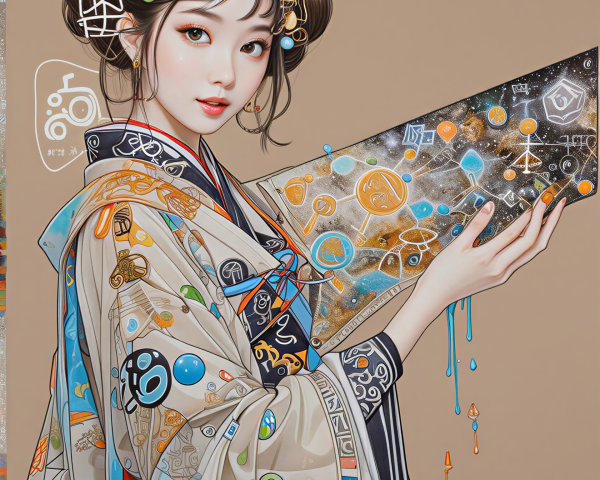 Young Woman in Traditional Outfit with Intricate Fan