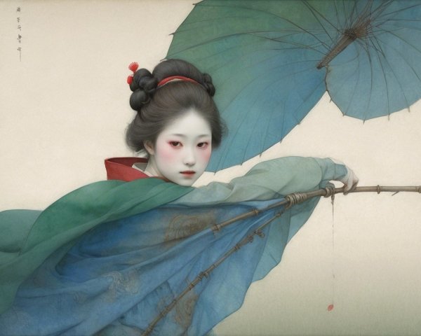 Young woman in traditional attire with blue parasol